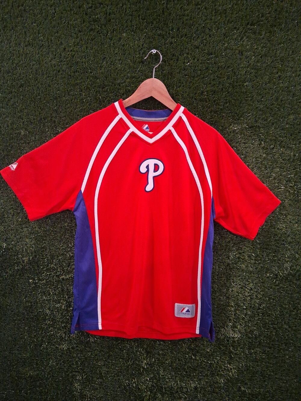Majestic Impacto Philadelphia Phillies MLB V-Neck Jersey Shirt Red Blue Men's M